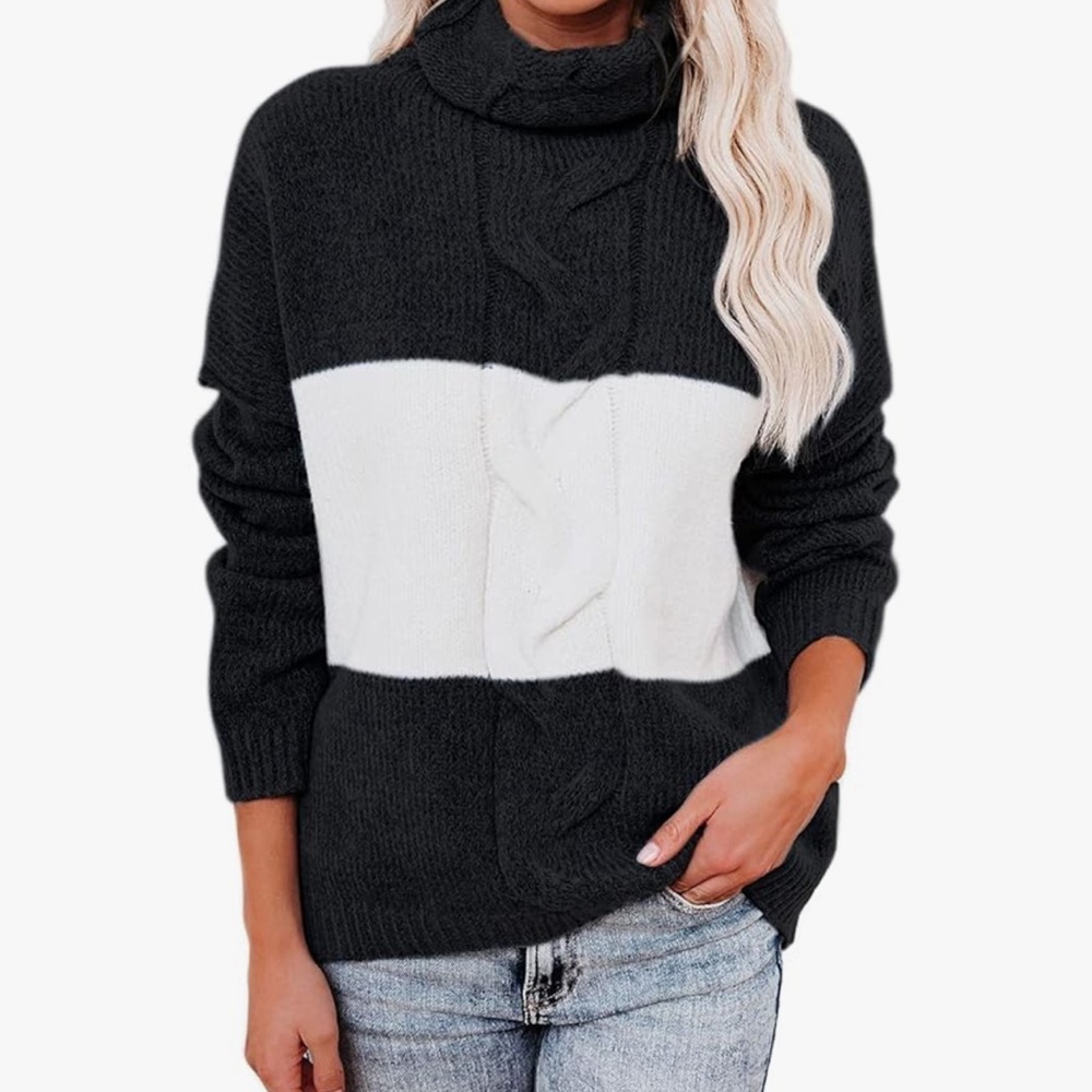 Women’s Casual Cozy Long Sleeve Turtleneck Color Block Knit Loose Fit Sweater